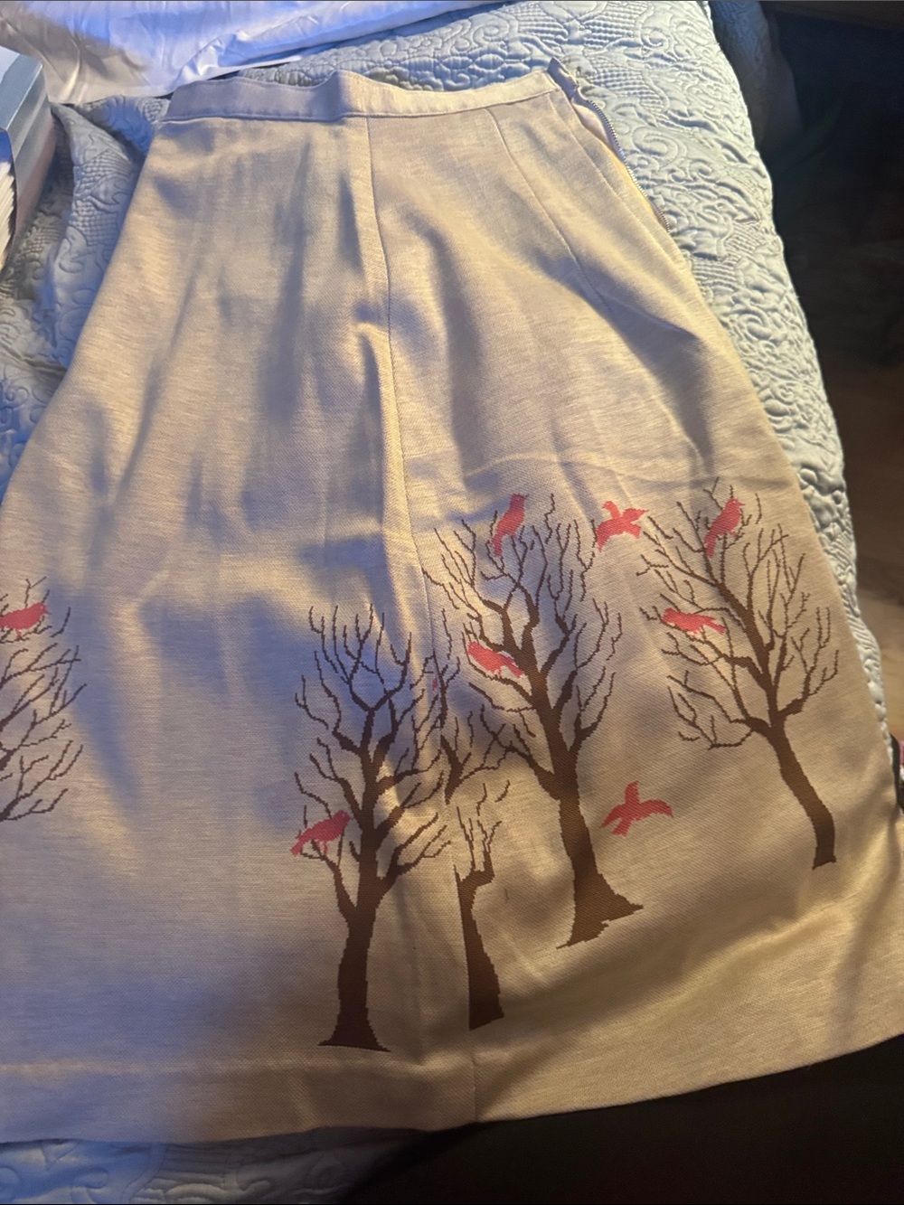 Vintage Beige Skirt with Brown Tree and Pink Bird Embroidery